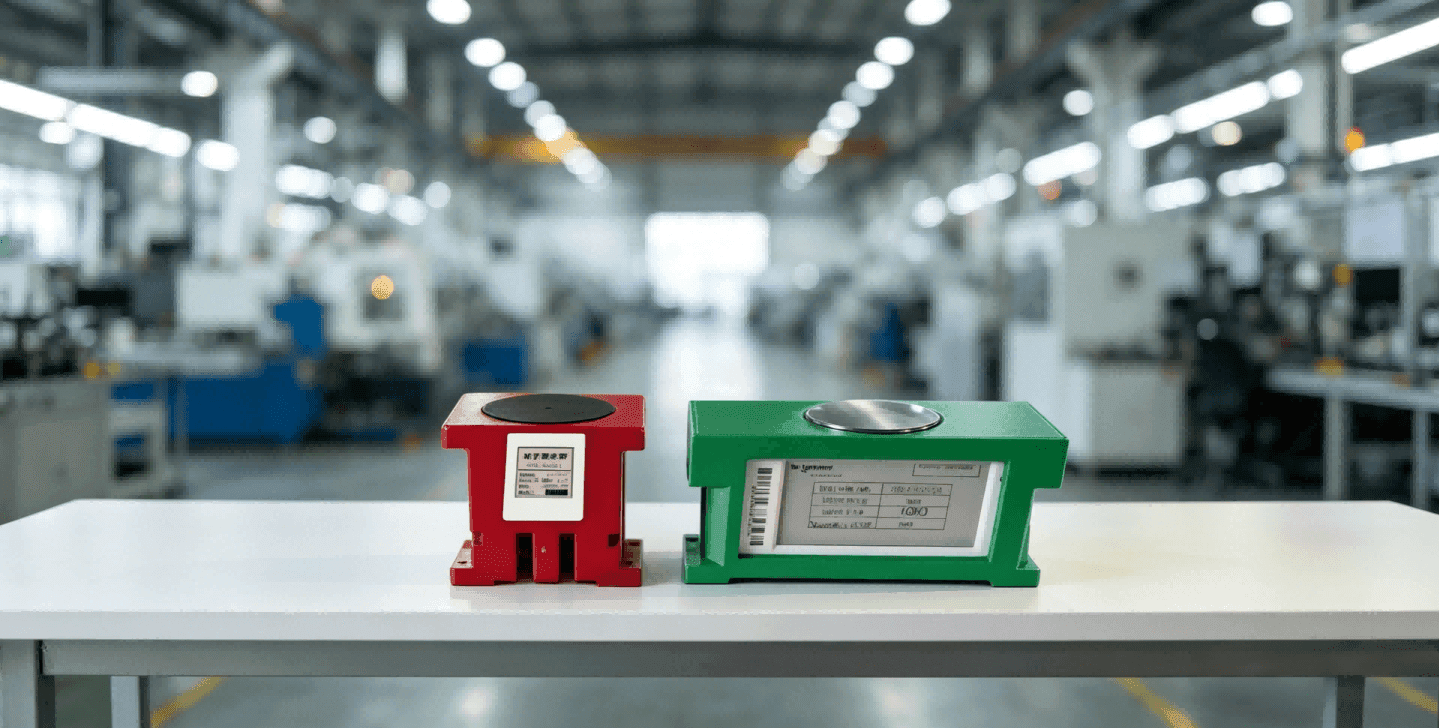 Linkvisu rugged E-ink inspection tag mounted on heavy machinery for equipment maintenance and status monitoring