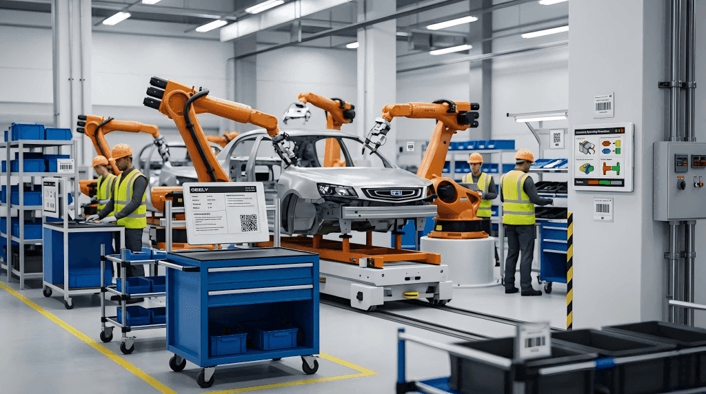 Linkvisu E-ink dashboard displaying digital SOPs at a smart manufacturing assembly workstation.