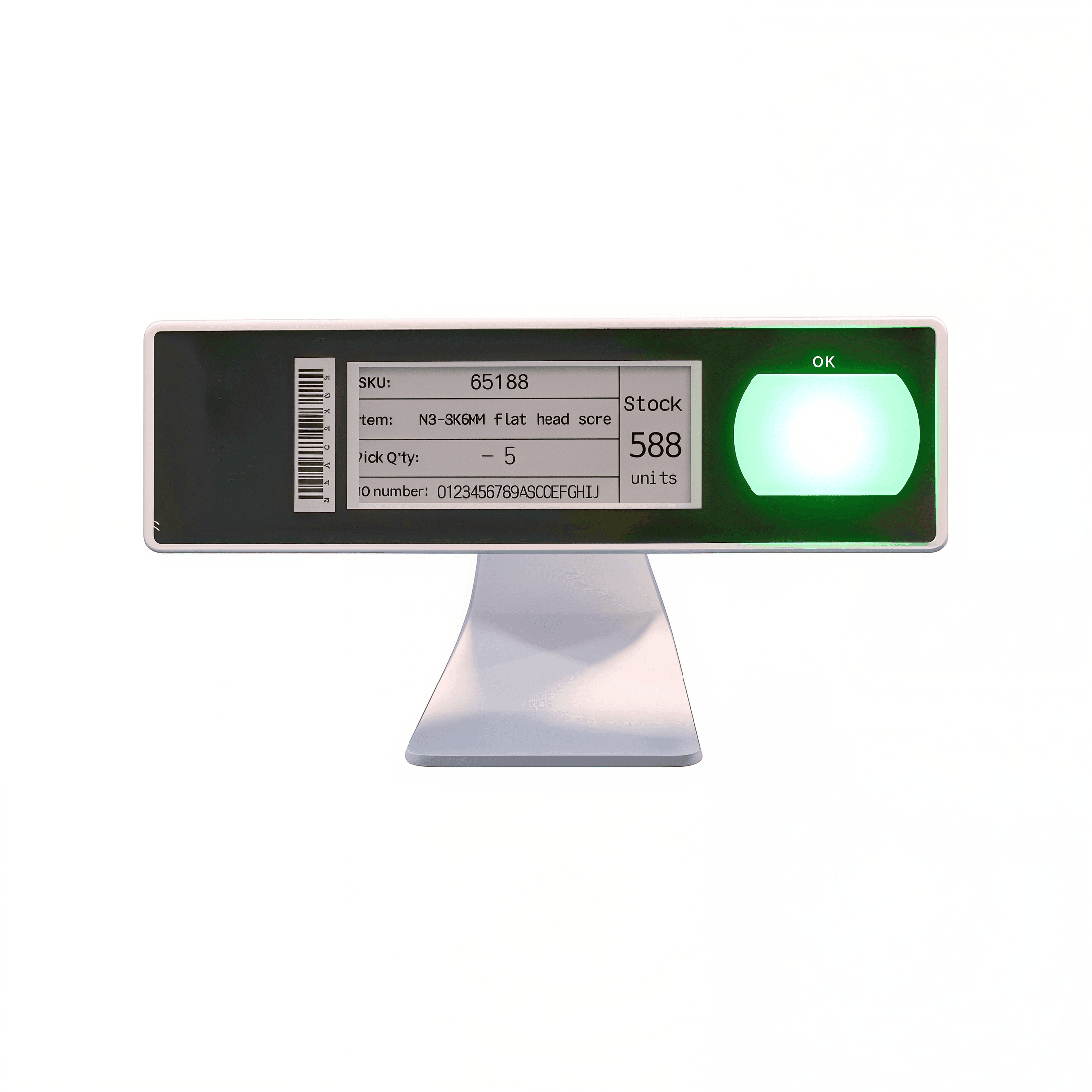 Linkvisu E-ink electronic shelf label with green LED indicator for Pick-to-Light (PTL) smart warehouse systems.