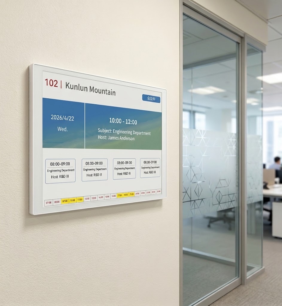 Linkvisu wall-mounted full-color e-ink meeting room door sign, displaying Kunlun Mountains 102 schedule availability.