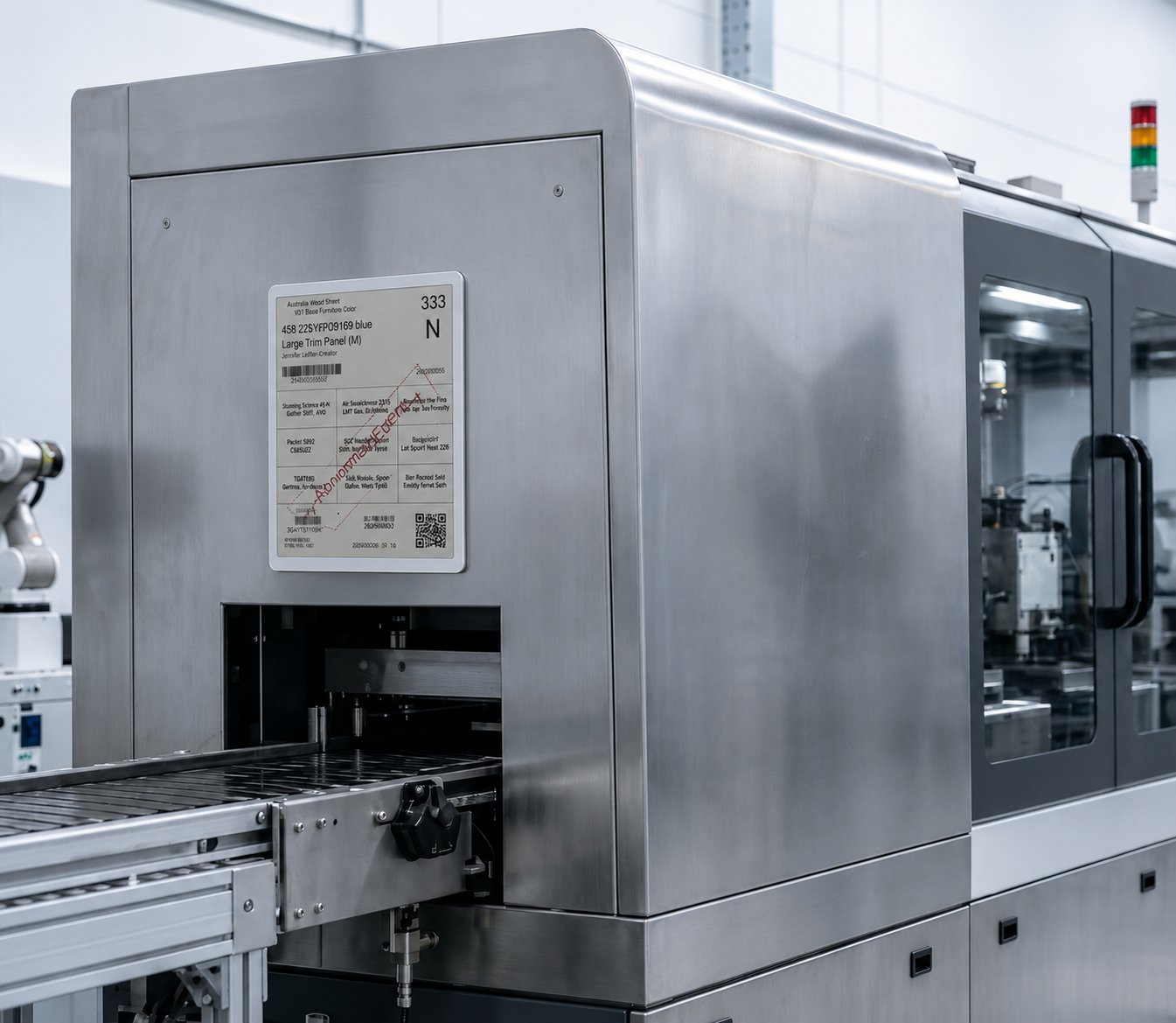 Electronic-paper inspection label on industrial equipment with barcode and QR code