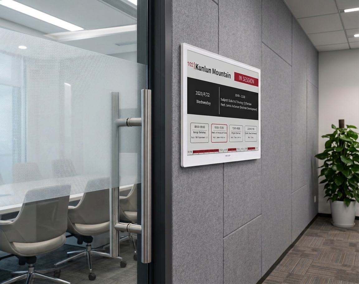 Meeting room with e-paper door sign showing room schedule and availability