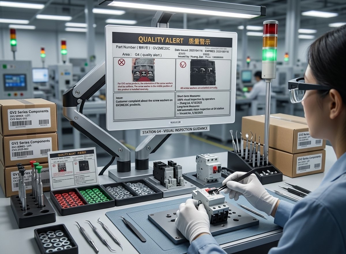 Digital work instruction display showing quality alert on factory workstation