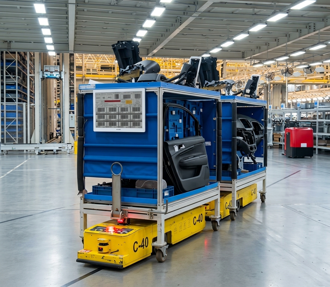 Warehouse AGV with e-paper labels and parts on mobile carts