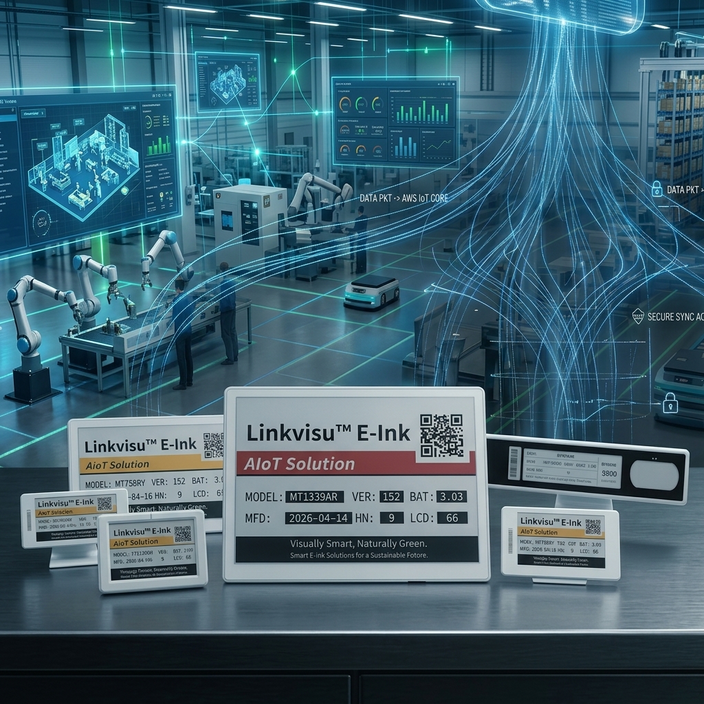 Linkvisu E-Ink product lineup with smart factory background — AIoT Solution displays in multiple sizes